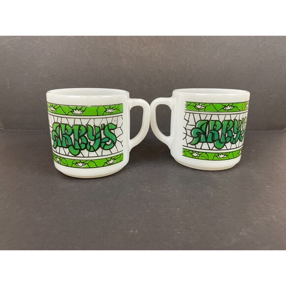 2 Arby's Green Stained Glass Mugs White Milk Glass Retro Federal Heat Proof - Picture 3 of 9